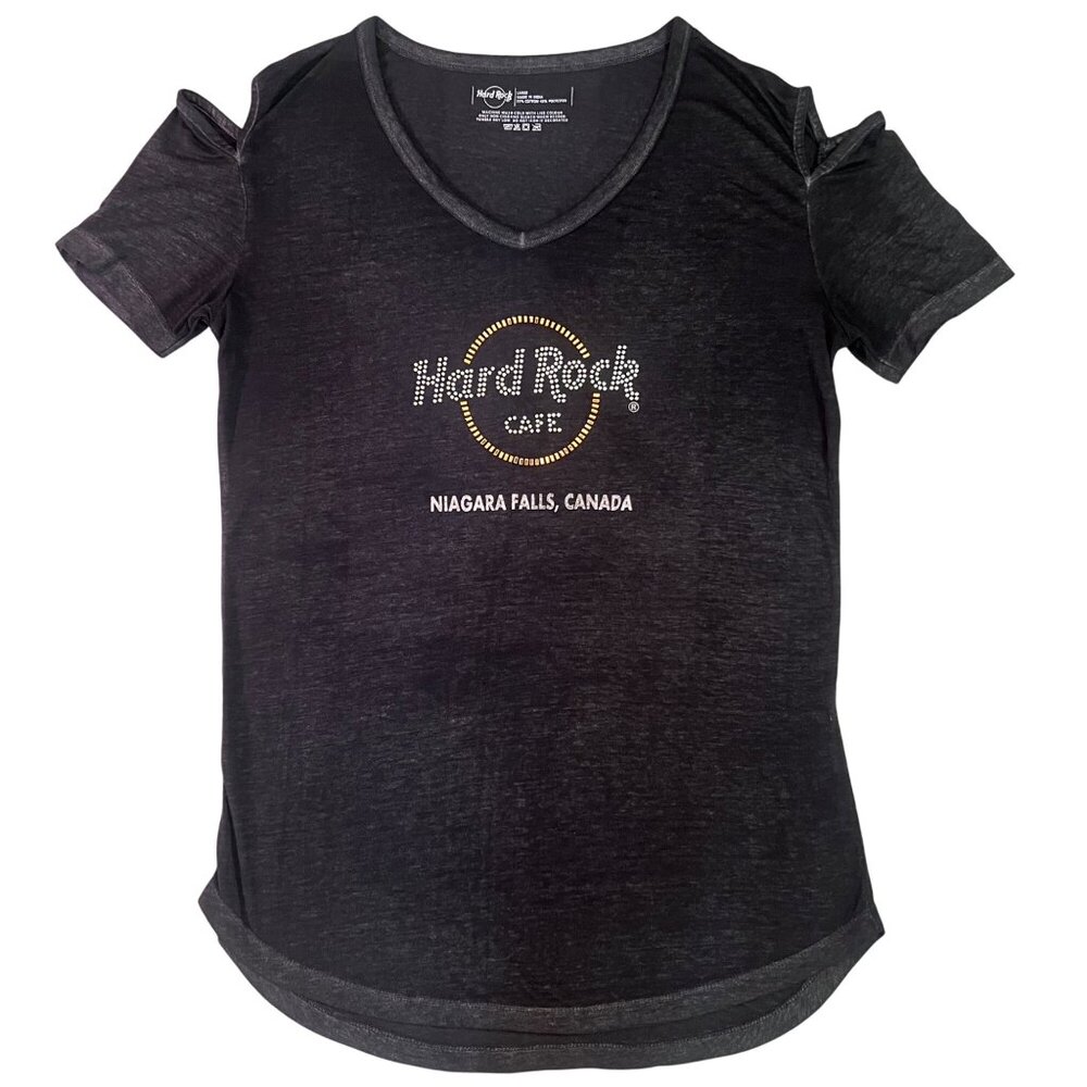 Hard Rock Cafe Niagara Falls Graphic T-Shirt With Rhinestones & Cutout Sleeves L